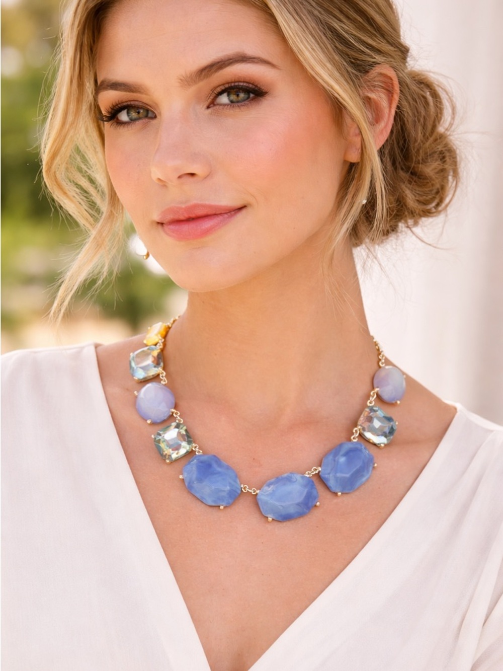 Blue Stone Mixed Crystal Statement Necklace Spring Summer Chic